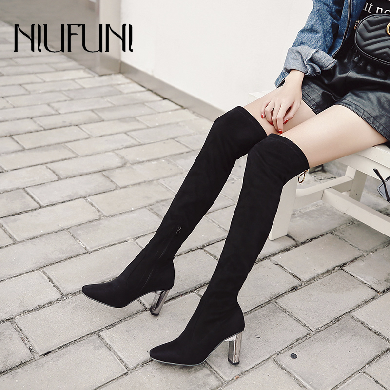 

Fashion Stretch Socks Slim Female Winter Thigh High Boots Suede Leather Solid High Heels Women Over The Knee Shoes Bottes Femme, Black