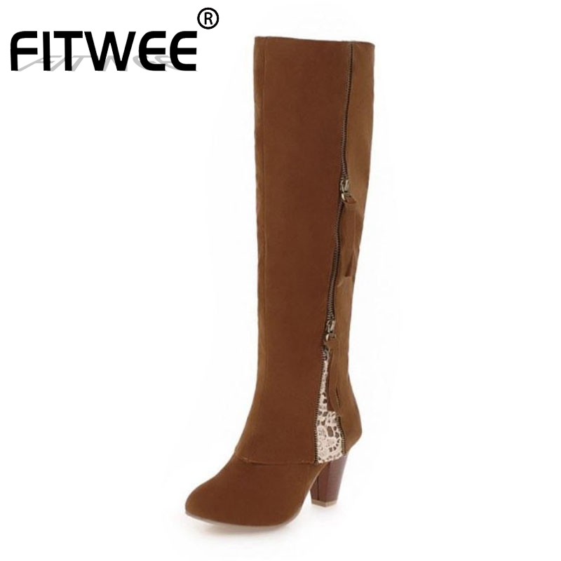 

FITWEE 5 Color Knee High Boots Women Big Size 34-44 Winter Warm Fur Casual High Heels Lace Embroidery Zipper Shoes Women, Gray