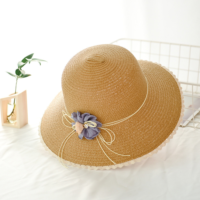 

Summer Summer Handmade Flower Straw Hat Women's Garland Sunbonnet Bucket Hat Roll-up Hem Beach Cap Sun For Women, Khaki