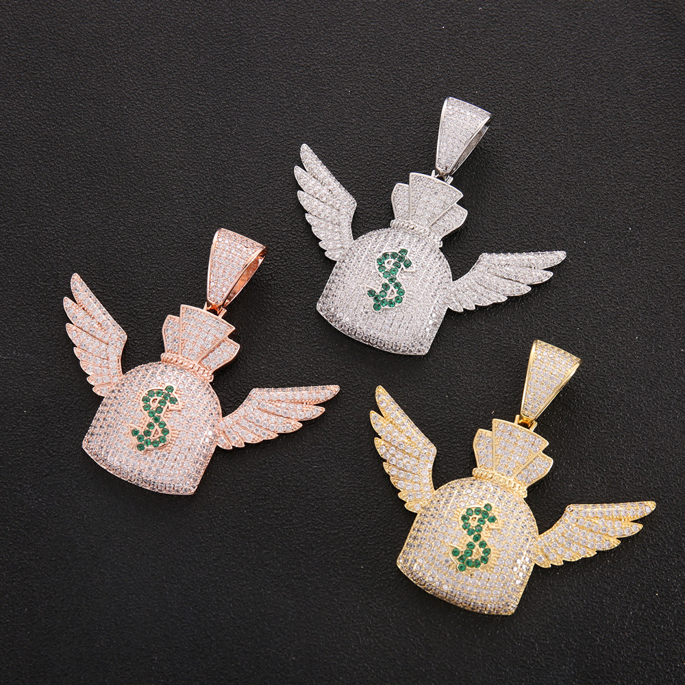 

Iced Out Money Bag Pendant Necklace Charm Gold Silver Rosegold Color Cubic Zircon Men Hip Hop Jewelry