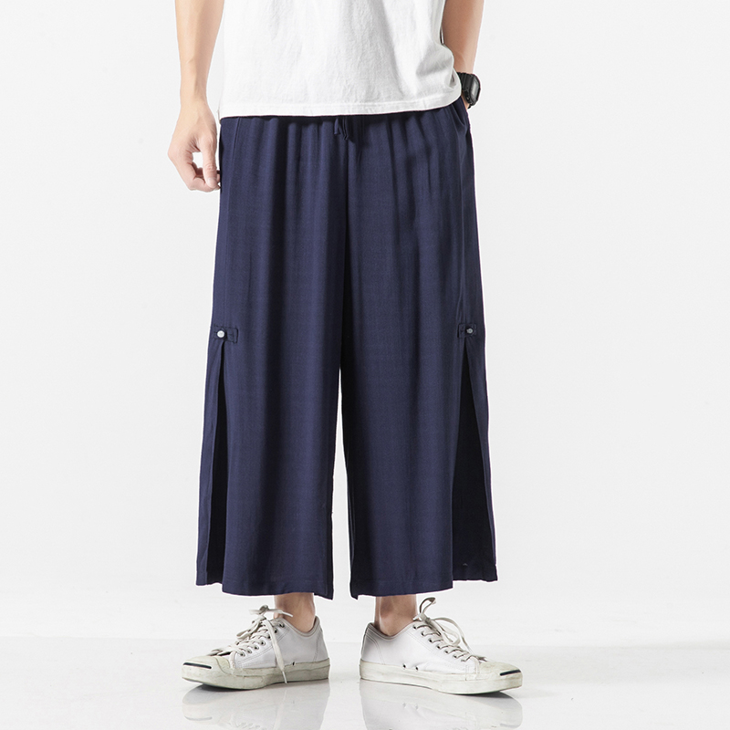 

Men Cotton Linen Casual Wide Leg Pants Male Streetwear Loose Skirt Pant Kimono Trousers Hip Hop Straight Plus Size -5XL Button, Black