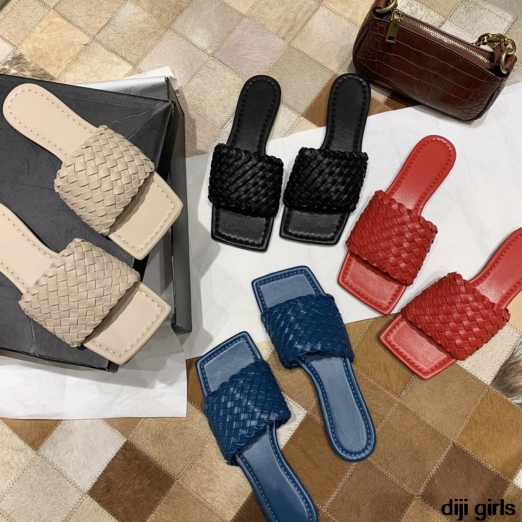 

Square Toe Flat Slippers Women Weave Plaid Designer Women Sandals Casual Beach Shoes Woman zapatos mujer, Beige