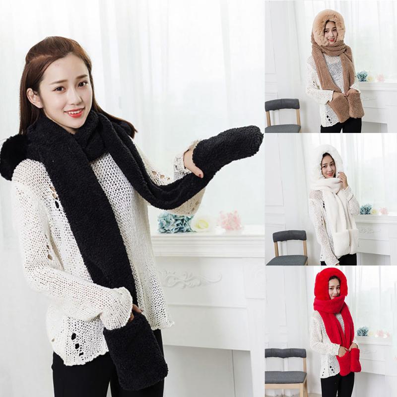

News Warm Knitted Hats Fascinator Hats New 2020 Ladies Faux Fur Winter Warm Fluffy Hood Scarf Hat Snood Pocket Gloves, Black