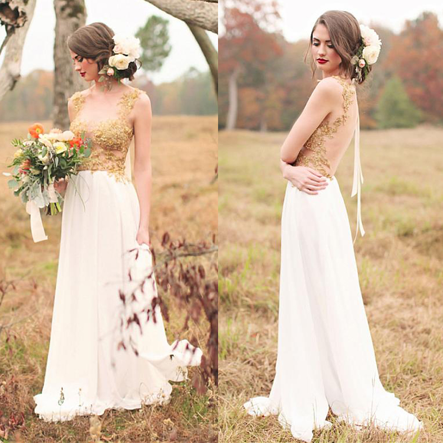 

Delightful Chiffon Scoop Neckline A-Line Wedding Dresses With Gold Beaded Lace Appliques Pregnant Bridal Dresses, White