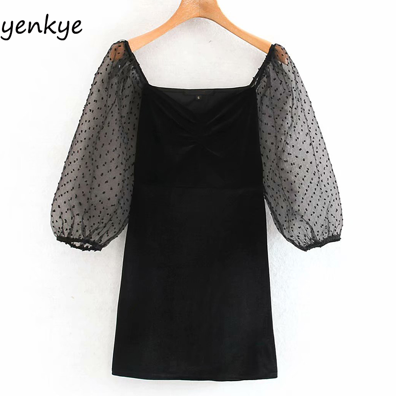 

Vintage Black Velvet Dress Women Sexy Semi-Sheer Dotted Sleeve V Neck Bodycon Mini Dress XNGC9617, As pic