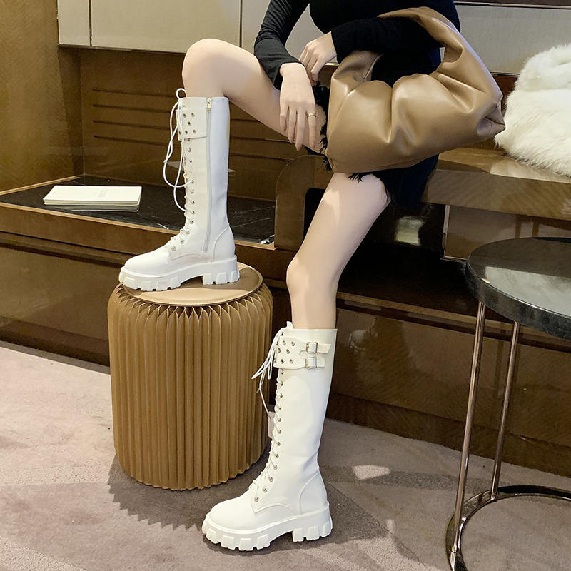

Nice Women Fashion Platform PU Leather Boots Zipper Metal Buckle Motorcycle Boots Fashion Cross Tied Knee High Botas, Beige buckle