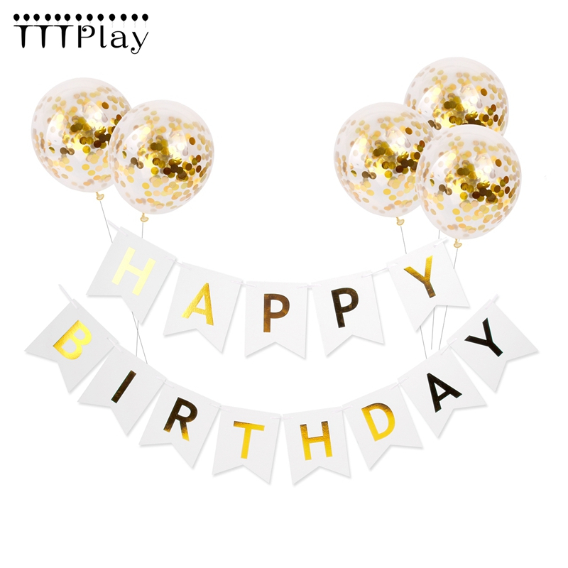

6pcs/lot Gold Confetti Balloons 12inch Inflatable Birthday Ballon White Happy Birthday Banner Party Decoration Supplies