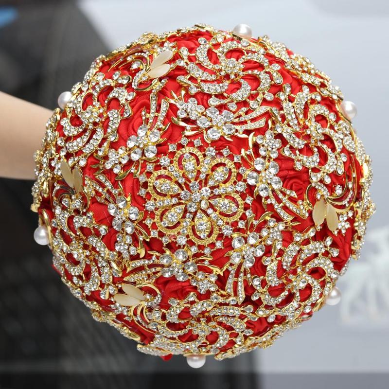 

Wedding Artificial Flowers Luxury Diamond Bridal Bouquets Gold Crystal Bridal Bouquets Satin Fake Rose Bouquet Mariage W888-B, Red