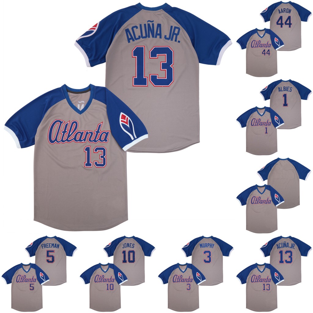 

13 Ronald Acuna Jr. 1979 Turn Back The Clock Jersey Ozzie Albies 5 Freddie Freeman 10 Chipper Jones 3 Murphy 44 Hank Aaron Baseball jerseys