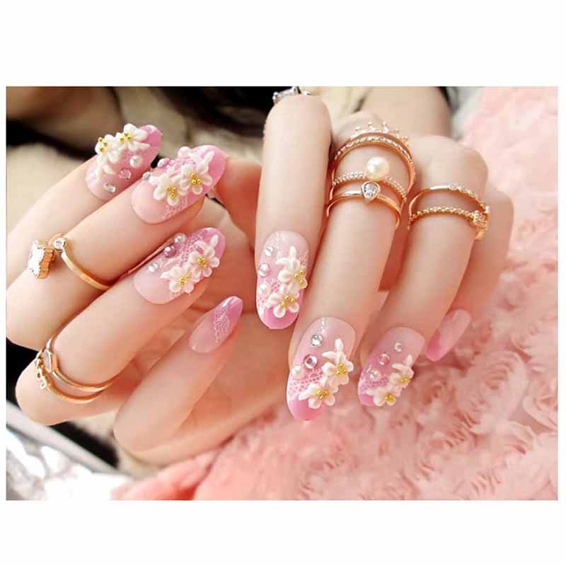 

Shining 3D Diamond Rhinestone Fake Nail Art Tool 24PCs Pink Wedding Bride Full Nails Tips With Glue Flowers, C3