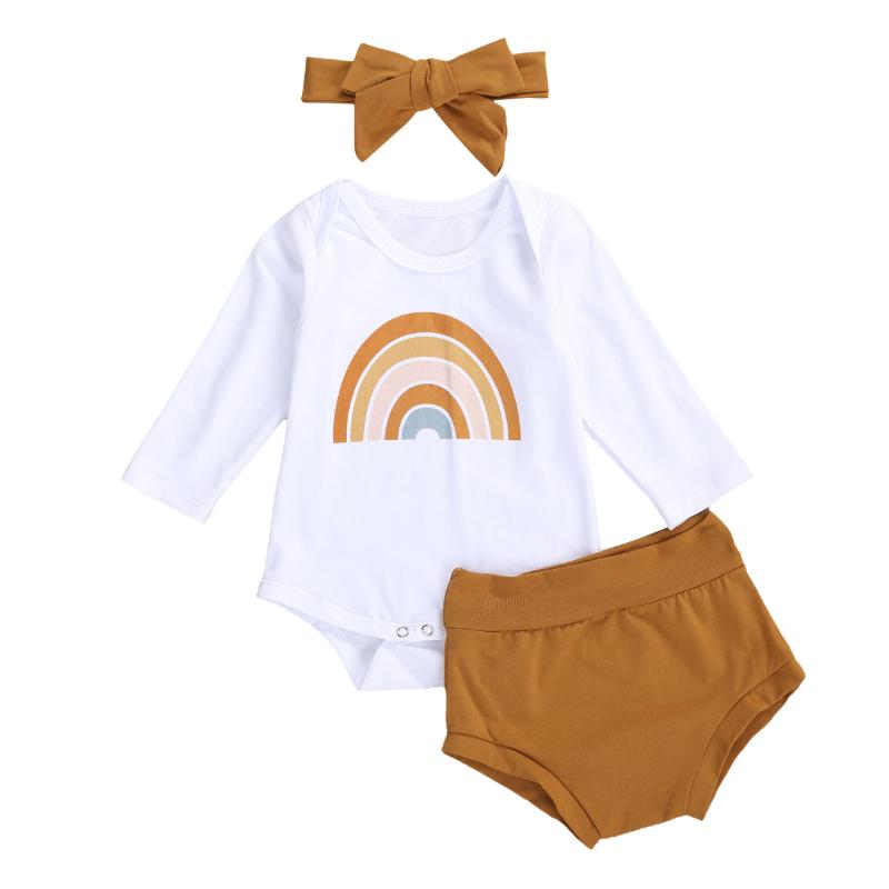 

3pcs Newborn Baby Boys Girls Cotton Clothes Autumn Kids Girls Rainbow Print White Romper Top High Waist Shorts Headband sets