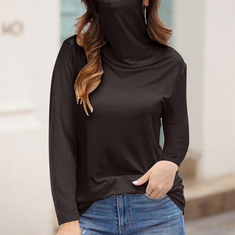 

Fashion Solid With Face Mask Blouse Shirt Loose Turtleneck Tops Casual Autumn Ladies Female Women Long Sleeve Blusas Pullover, Black