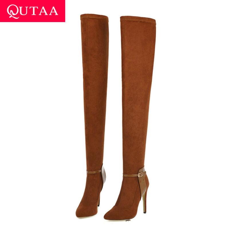 

QUTAA 2020 Sexy Thin High Heel Slip on Women Shoes Quality Stretch Flock Pointed Toe Buckle Over The Knee High Boots Size 34-40, Black
