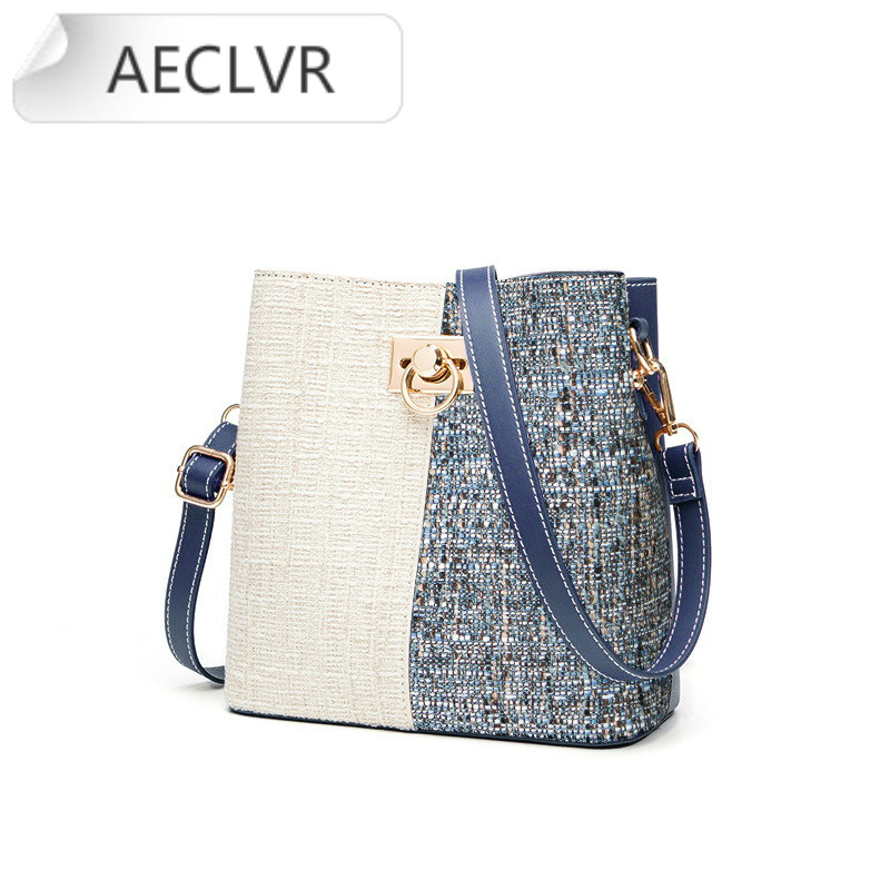 

AECLVR Fashion Panelled Women Bucket Bag Winter Woolen Shoulder Bag Lady Small Crossbody PU Leather Patchwork, Light brown