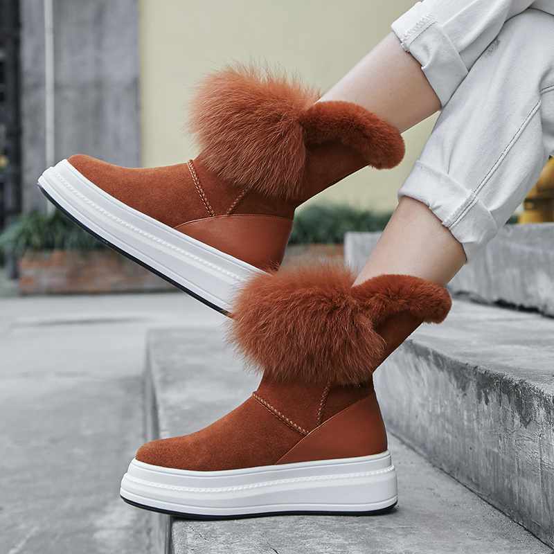 

snow boots women's new winter shoes cow suede natural fur sweet gorgeous keep warm mid-calf boots botas mujer, Black