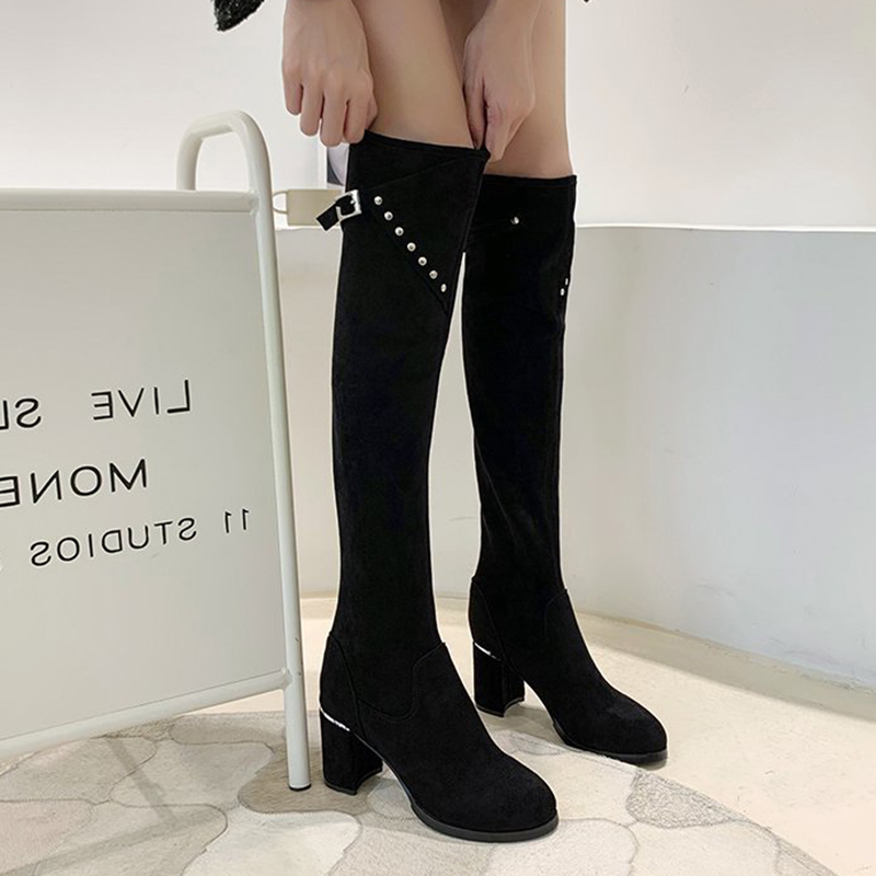

2020 Fashion Rivet Buckle High Heels Women Knee High Boots Black Slip on Flock Long Boots Woman Autumn Winter Botas Mujer