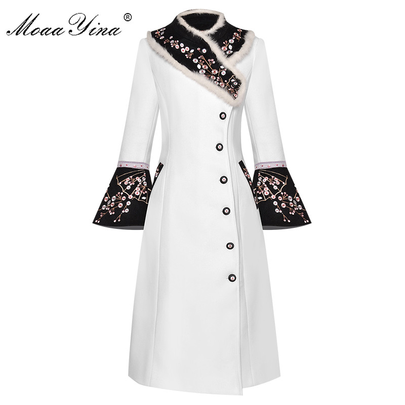 

MoaaYina Fashion Designer Woolen coat Winter Women fur collar Long sleeve Embroidery Elegant Keep warm Overcoat, Pink
