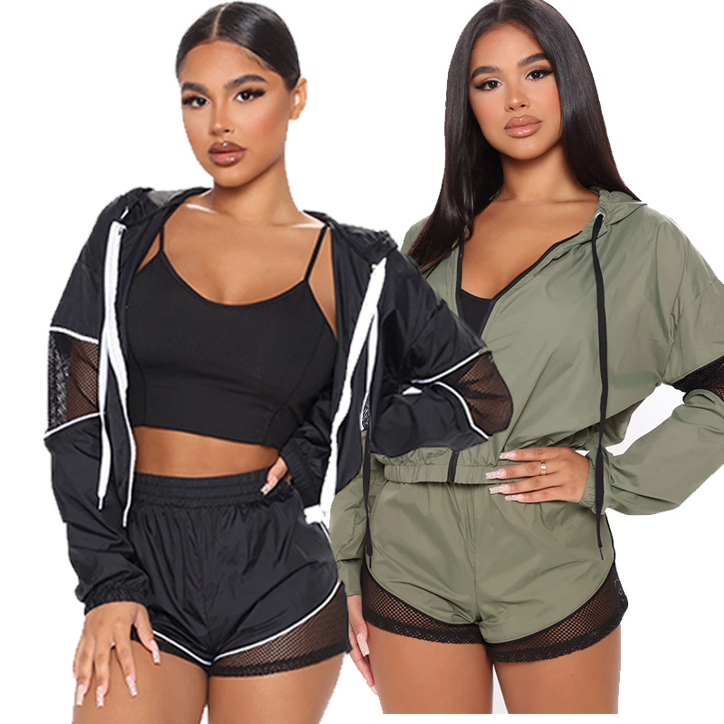 

Echoine Women Three Piece Matching Set Mesh Patchwork Jackets Tanks Tops Jogger Shorts Suit Active Wear Tracksuit Fitness Outfit, Army green