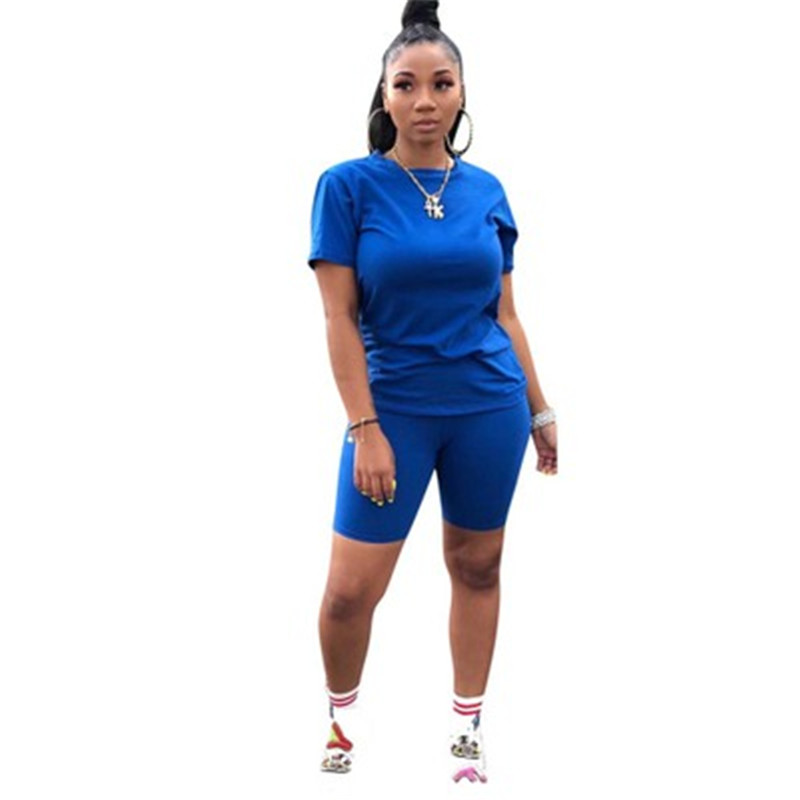 

2020 new women solid sporting casual two piece set short sleeve tee top above knee pants suit tracksuit outfit 4 color, Black