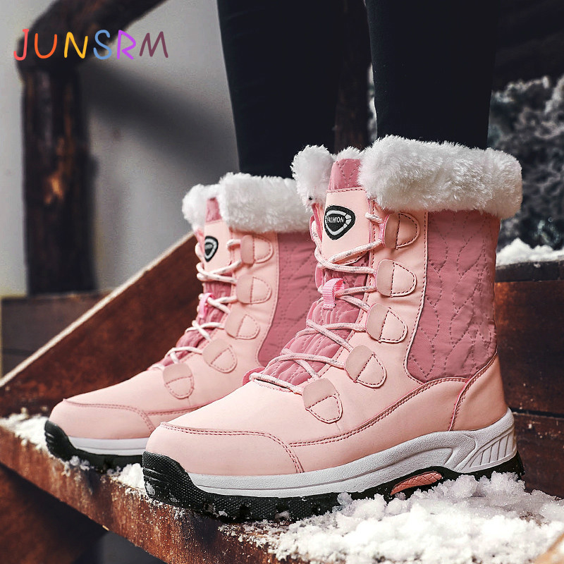 

JUNSRM 2020 Winter Women Snow Boots High Quality Warm Push Mid-Calf Boots Women Platform Female Lace-up Waterproof Botas Mujer, Beige