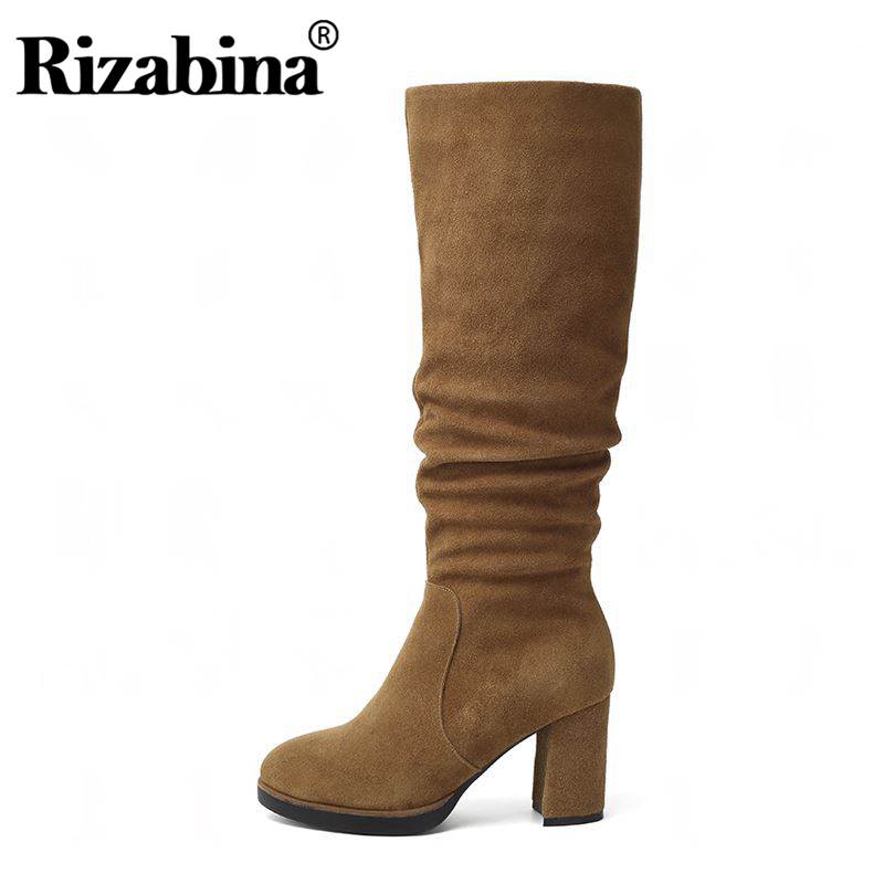 

RizaBina Real Leather Women Knee High Boots Winter Warm Fur Casual Shoes Women Walk Retro Round Toe Mujer Zapatos Size 34-39, Black