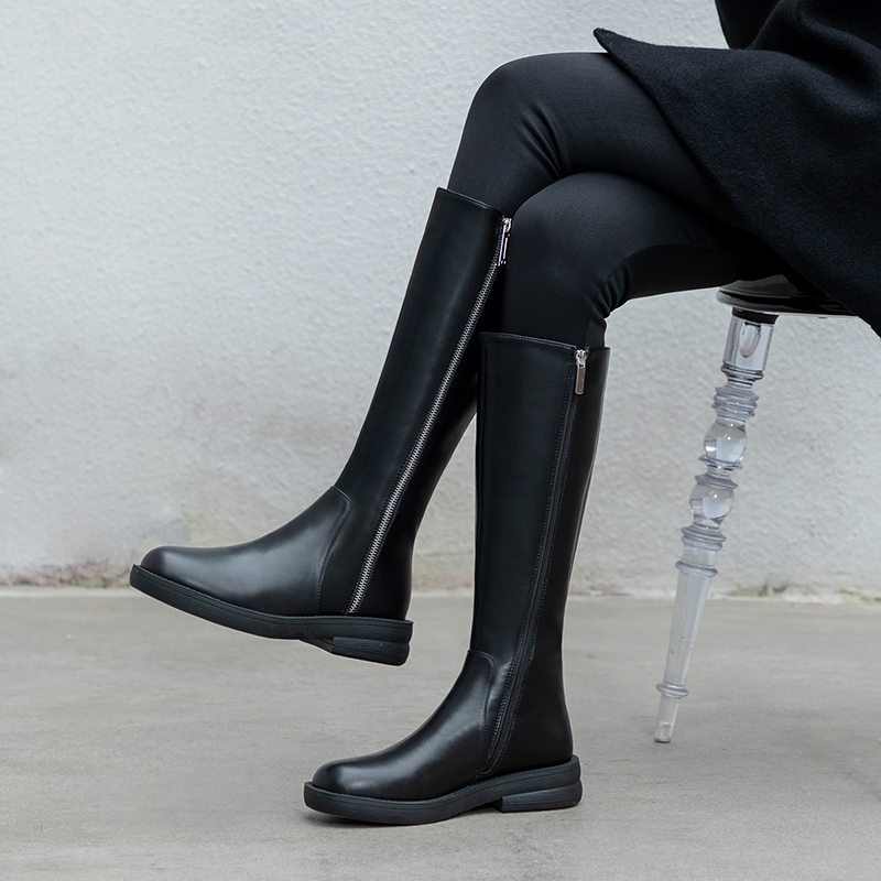 

Concise Genuine leather Side Zipper Motorcycle Boots Woman Antumn Winter Office Shoes Euro Style Knee High Boots Shoes Woman, Black