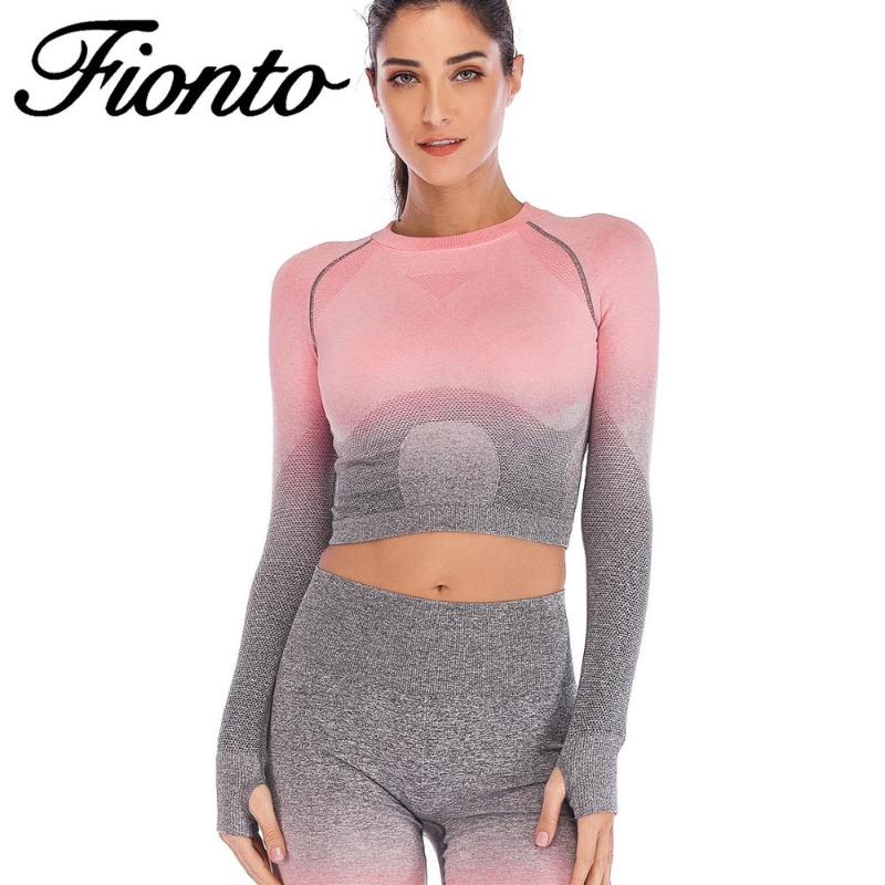 

2020 Women' New Gradient Hanging Dyeing Design Fashion Sports Long-sleeved Running Fitness Trend Yoga Clothes Female, Random color