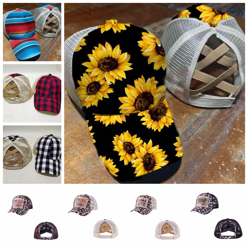 

10Styles Criss Cross Ponytail Hat Sunflower Baseball Cap Messy Buns Trucker Caps Plaid Leopard Hats Snapback Trump Party Hats GGA3691