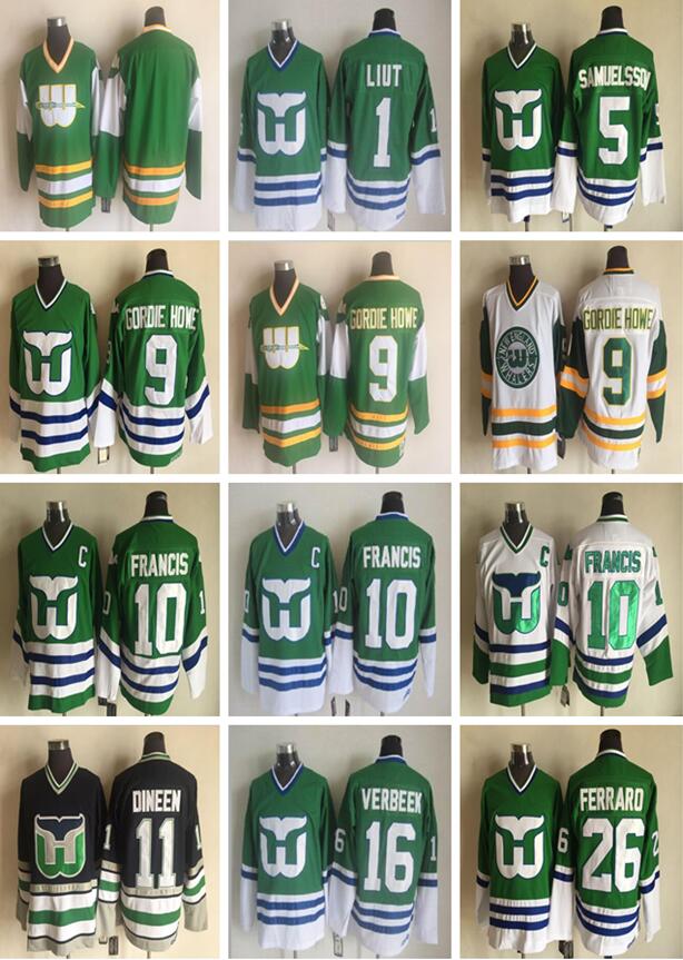 

10 Ron Francis Jerseys Hartford Whalers 11 Kevin Dineen 16 Patrick Verbeek 26 Ray Ferraro 5 Ulf Samuelsson Mike Liut Gordie Howe Tippett, #9 gordie howe green 2
