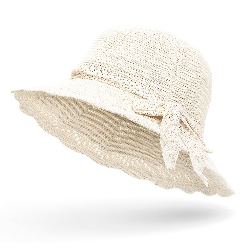 

Women's Folding Knit Sun Hat with Hollow pattern Lace bow-knot Wide brim Sunscreen Summer Floppy Fedoras Beach Portable Crochet, Brown