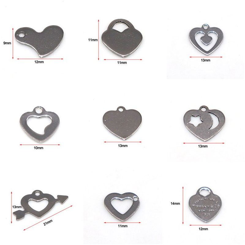 

9 styles 50pcs/lot Metal Vintage hearts Charm Glossy Pendant Charm For Earring jewelry making Stainless Steel Silver Plated