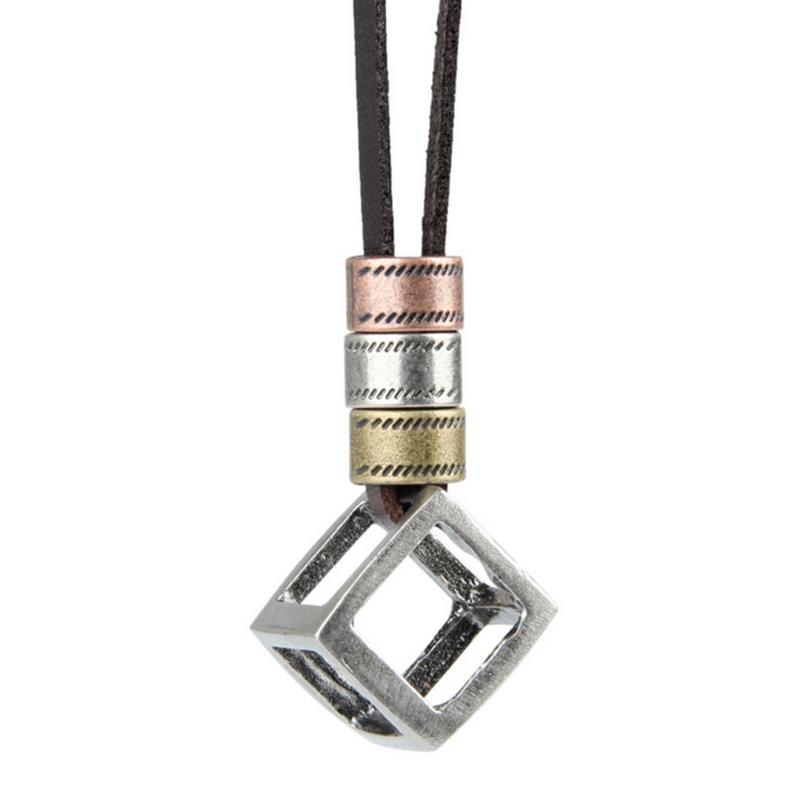 

Punk Rock Style Cube Necklace Unisex Cool Hollow Cube Pendant Vintage Leather Necklace Jewelry erkek kolye For Men Women