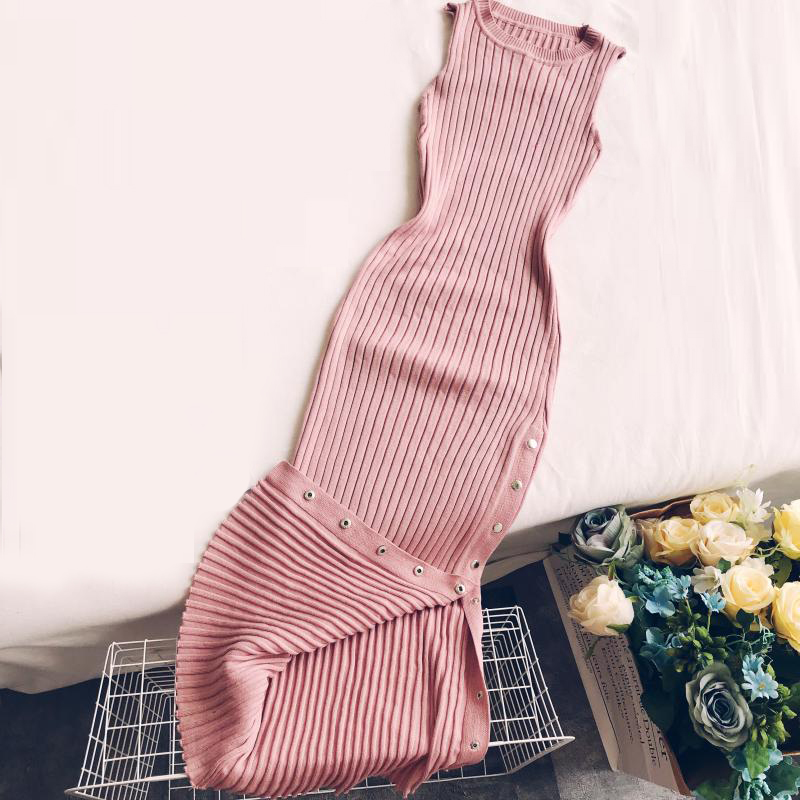 

Autumn Winter Women Spaghetti Strap Dresses Sexy Split Side Buttons Long Knitted Dress Ladies Sleeveless Bodycon Tank Dress P027, Black