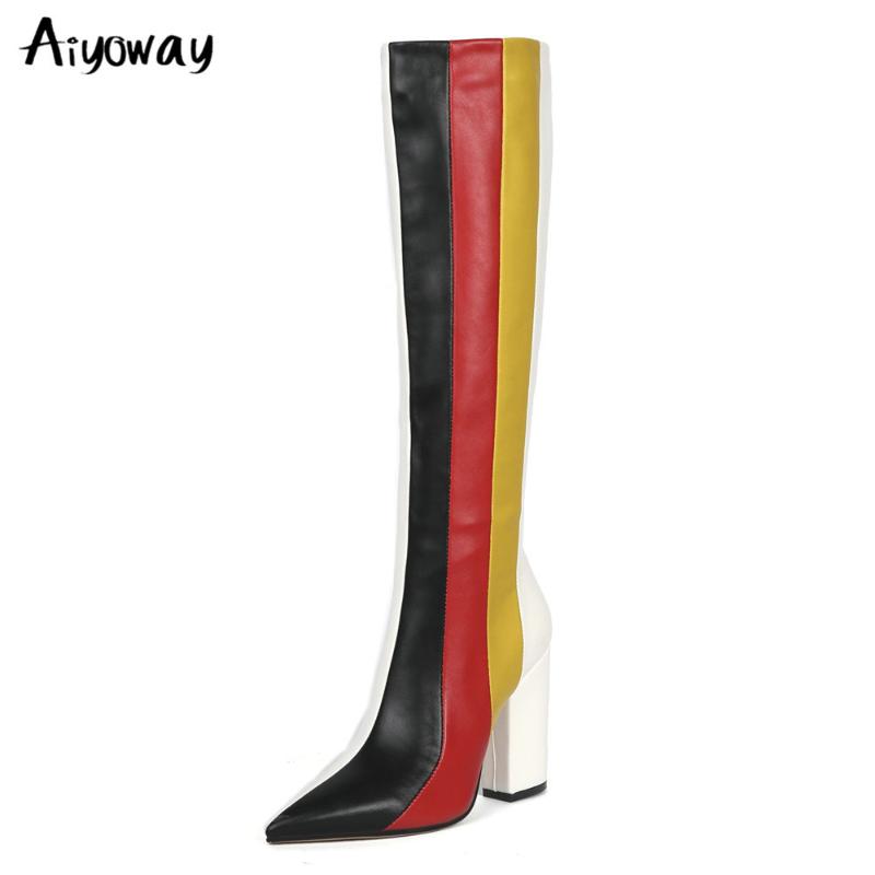 

Aiyoway Elegant Pointed Toe Knee High Boots Women Mixed Colors Autumn Winter High Heels Party Dress Shoes Woman Long Boots, Red silver black