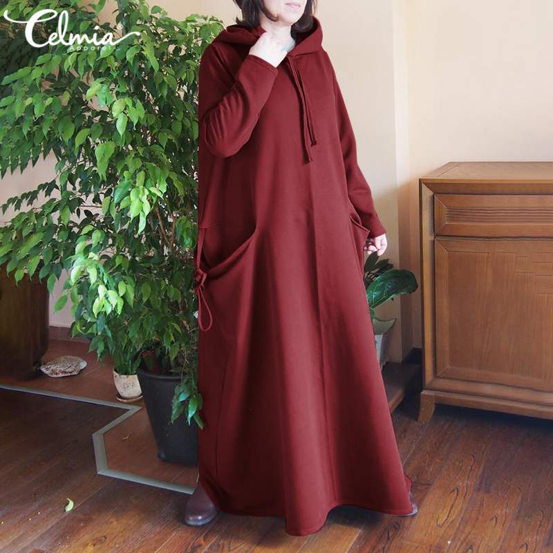 

Women Casual Sweatshirt Dress Celmia 2020 Autumn Winter Fleece Hoodies Maxi Dresses Plus Size Solid Loose Pockets Vintage Robe 7, Black