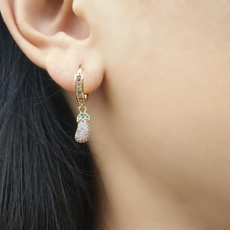 

Pretty Cute Fruit Earring Huggies Girl CZ Two Piece Earring Jewelry pendientes piercing oreja Gold Hoop Eggplant Young