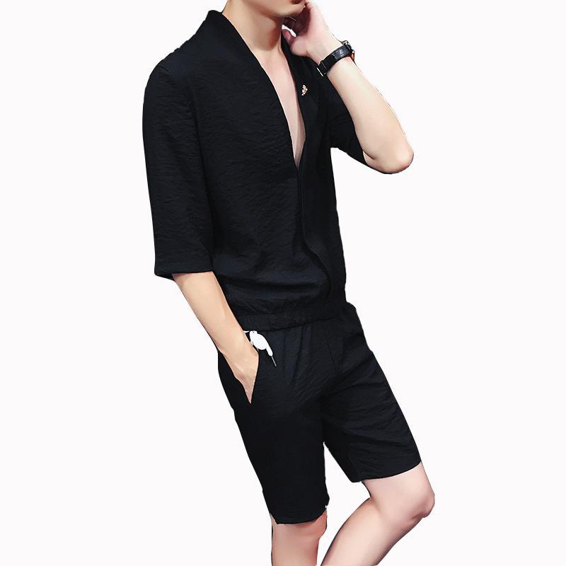 

4XL Streetwear Workout Plain Color Plus Size Two Piece Summer Set Casual Deep V-Collar Short Sleeve Top + Shorts Set Men XXXXL, Black summer set