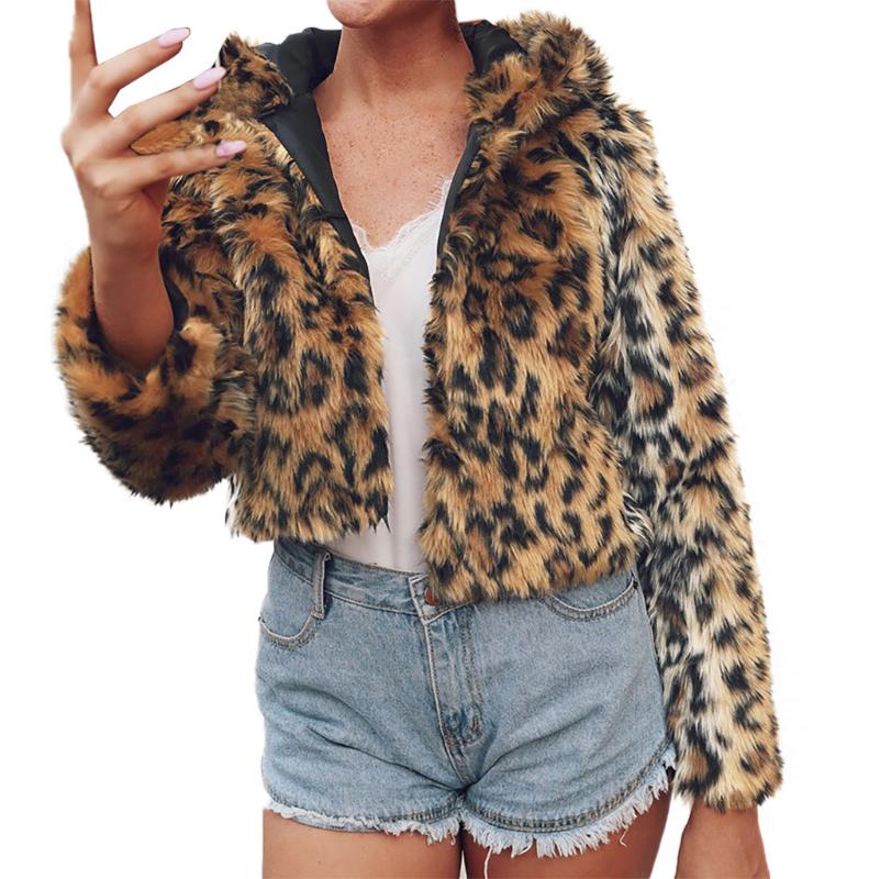 

CHAMSGEND Women Jacket Leopard Ladies Warm Faux Fur Coat Hooded Cardigan Zipper Keep Warm Coat Teddy Outerwear Ladies Jacket, Bw