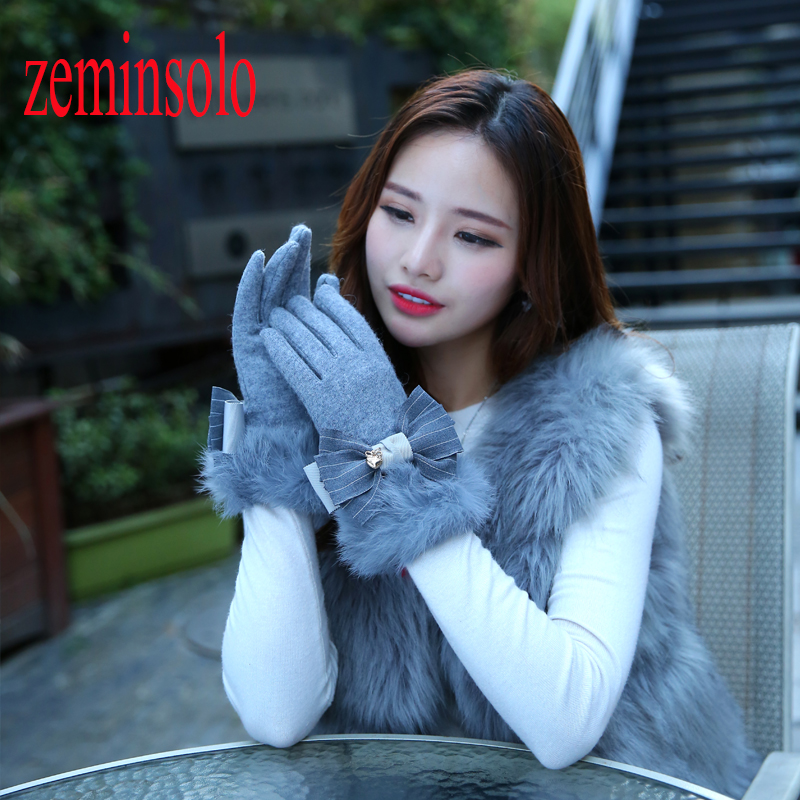 

Fashion Bow Solid Women Wool Cashmere Winter Gloves For Touch Screens Fur Mittens Elegant Long Genuine Leather Gloves