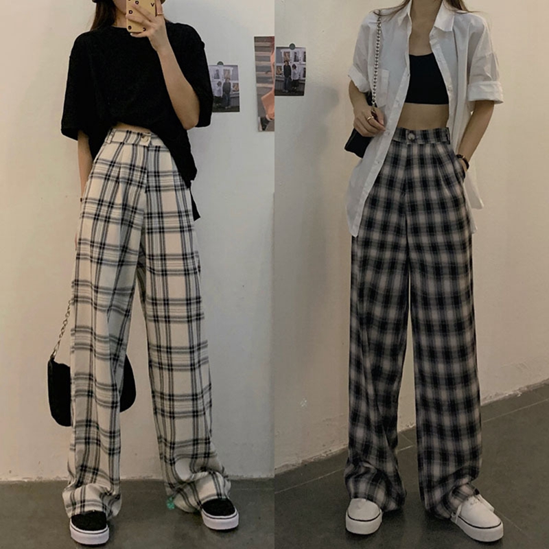 

High-Waisted Thin Mopping Pants Plaid Wide-Leg Pants Straight Loose Thin, Black