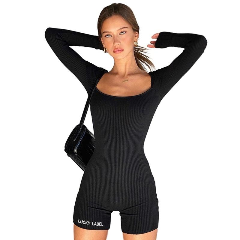 

Long Sleeve Square Collar Women Rompers Fashion Backless Bodysuit Black Slim Base Biker Shorts Jumpsuit Womens Summer 2020