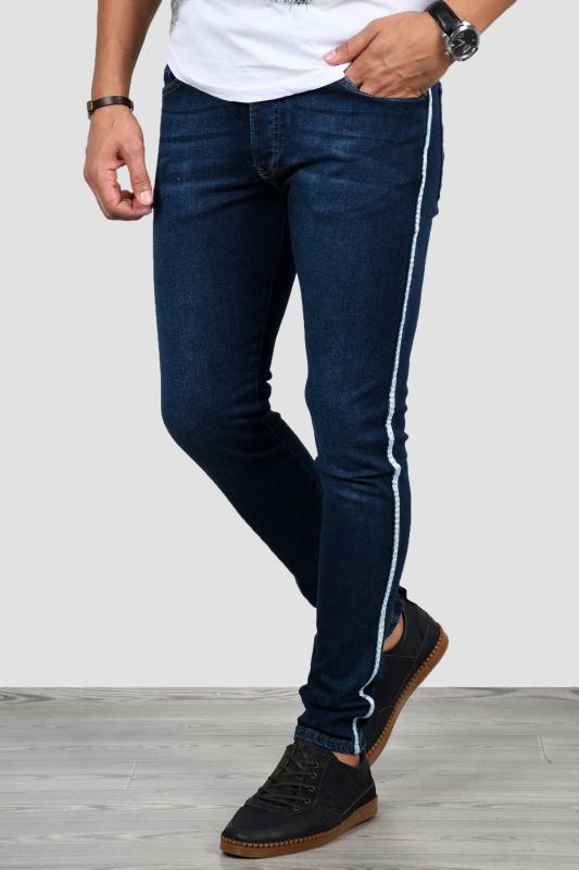 

DeepSEA Navy Blue Lycra Narrow Cut Sides Stripe Jeans Pants 2022095, As pic