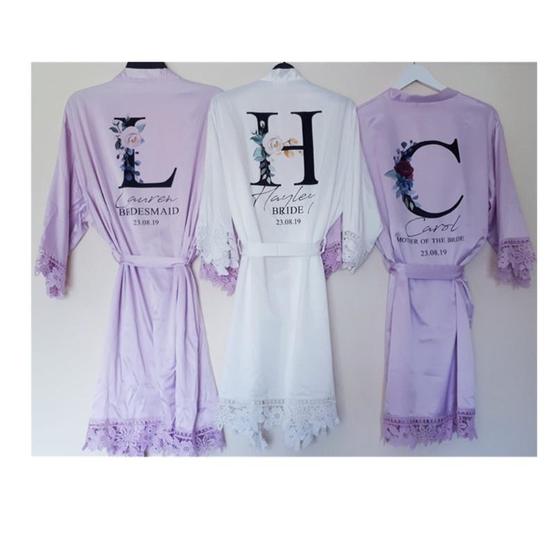 

Wedding lace satin floral wreath robe custom bridal party initial dressing gown bridesmaid gift flower girl silk kimono robes