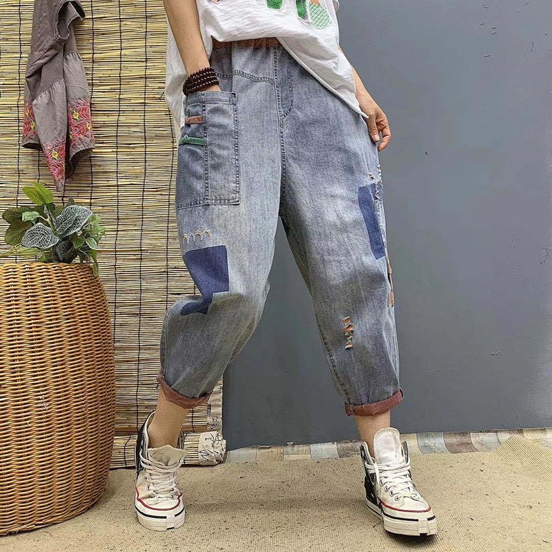 

New Arrival Summer Style Women Loose Casual Elastic Waist Harem Pants High Quality Cotton Denim Patchwork Ripped Jeans A138, Blue