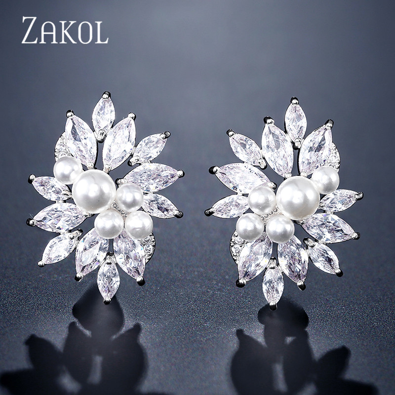 

ZAKOL New Arrival Cubic Zirconia Simulation Pearl Flower Stud Earrings for Women Wedding Dinner Birthday Gift Jewelry FSEP2360
