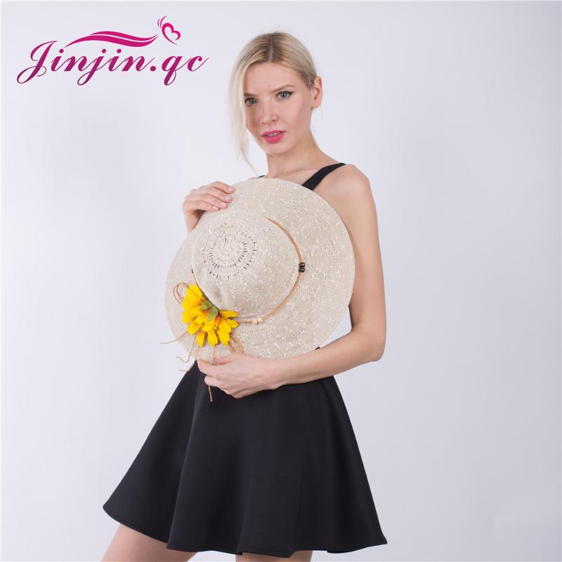 

Jinjin.QC 2020 New Fashion Cap with Chrysanthemum Big Brim Ladies Summer Straw Hat for Women Shade Sun Beach Hats and Caps, Khaki