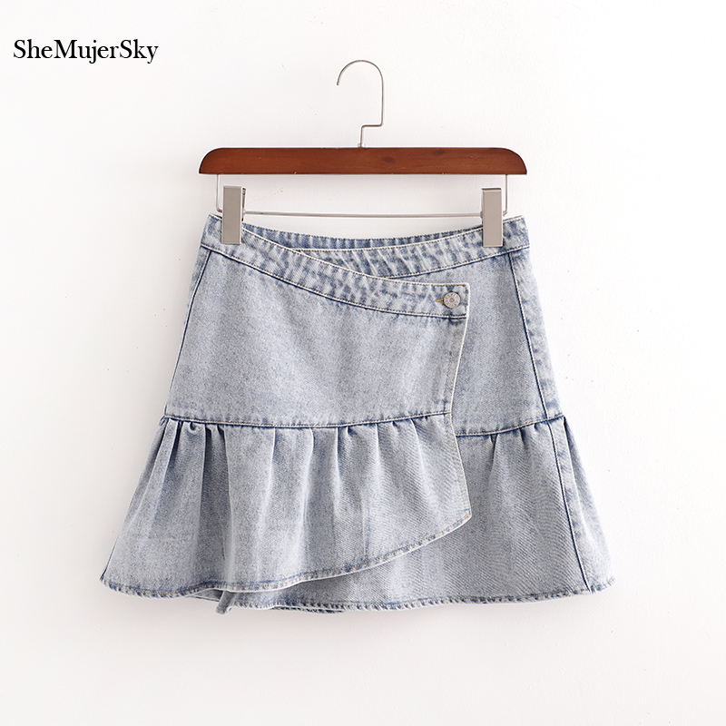 

SheMujerSky Women Bleached Denim Skirts 2020 Summer Ruffles Mini Skirt High Waist Cotton Skirts, Blue