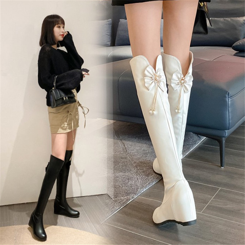 

PXELENA 2020 Autumn Stylish Flower Crystal Pearl Women Over The Knee Boots Hidden Wedge High Heels Shoes Lady Daily Office Party, Beige pu
