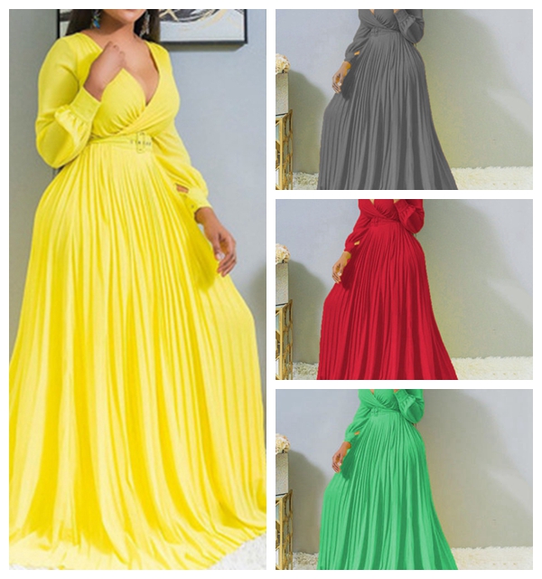 

dress Trend Street Fashion 2021 Deep V Cross Grabbing Front Lower Skirt Pure Color Pleated Large Swing Women