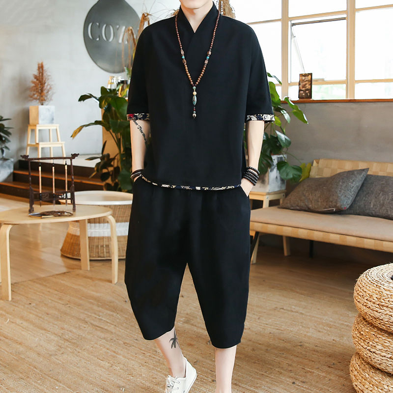 

Tang Suit Casual Loose Trousers Two-piece Summer Chinese Style Men's Linen Solid Sets Half Sleeve T-shirt and Pants Large Size